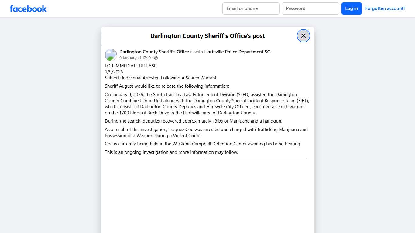 FOR IMMEDIATE RELEASE... - Darlington County Sheriff's Office Facebook